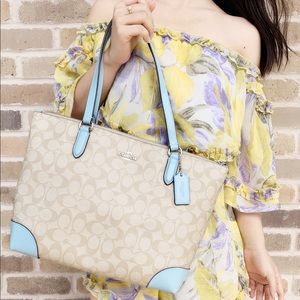 Coach Top Zip tote light khaki turquoise